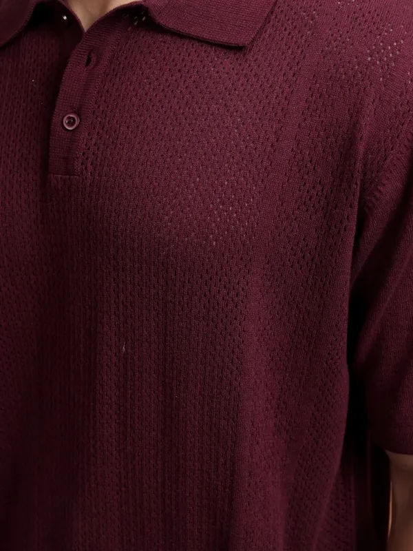 Highlander Men Burgundy Self Design Polo Collar T-Shirt