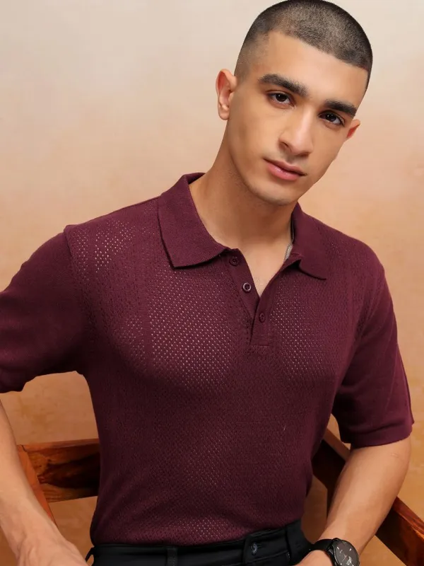 Highlander Men Burgundy Self Design Polo Collar T-Shirt