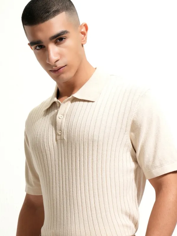 Highlander Men Off White Self Design Polo Collar T-Shirt
