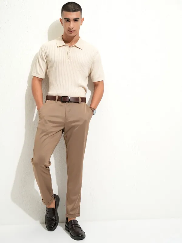 Highlander Men Off White Self Design Polo Collar T-Shirt