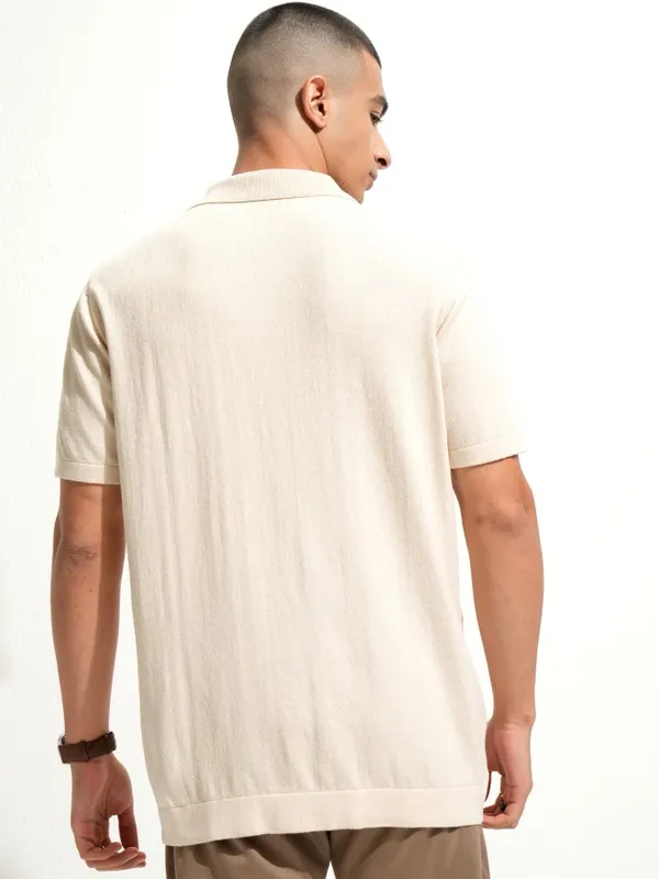 Highlander Men Off White Self Design Polo Collar T-Shirt