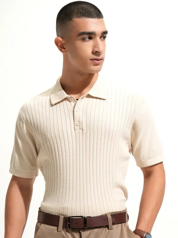 Highlander Men Off White Self Design Polo Collar T-Shirt