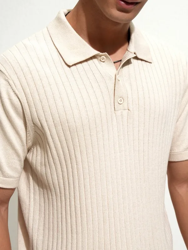 Highlander Men Off White Self Design Polo Collar T-Shirt