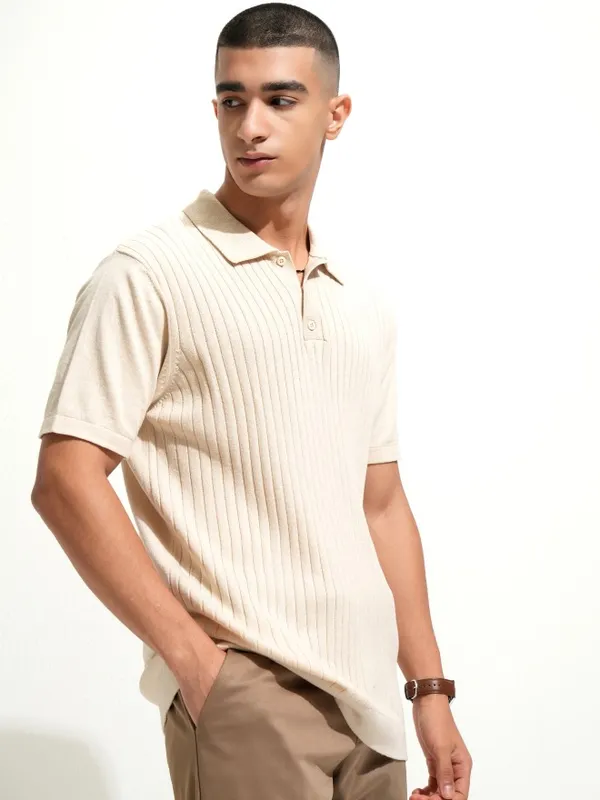 Highlander Men Off White Self Design Polo Collar T-Shirt