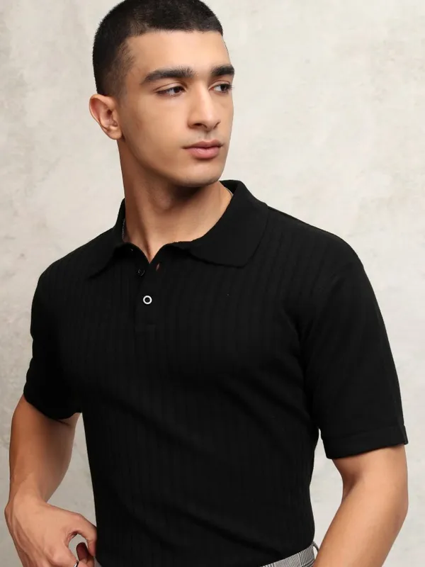 Highlander Men Black Self Design Polo Collar T-Shirt