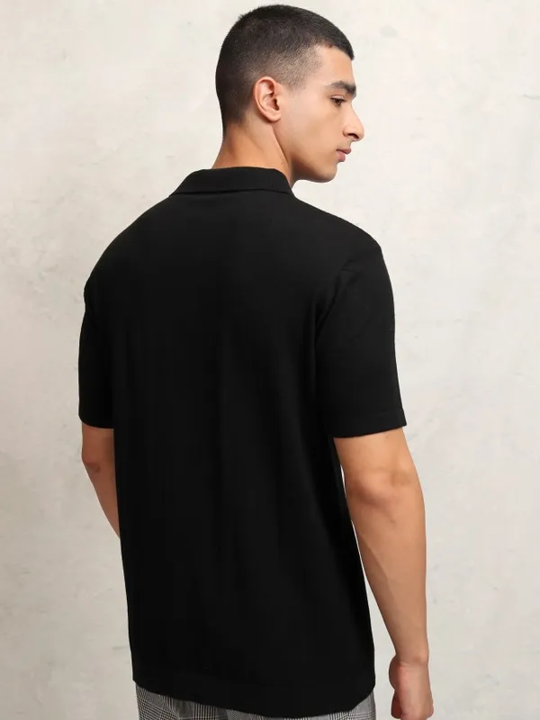 Highlander Men Black Self Design Polo Collar T-Shirt