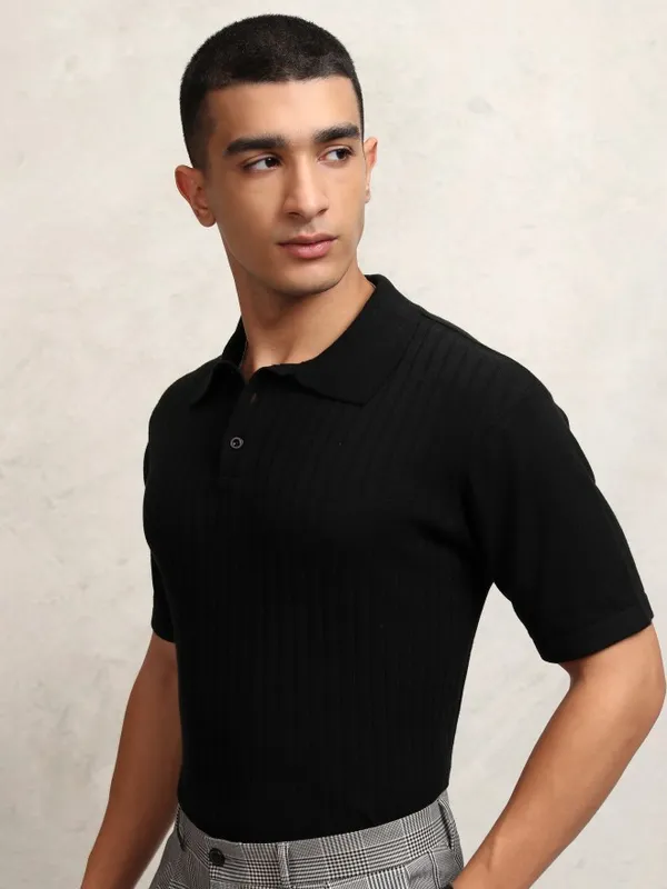 Highlander Men Black Self Design Polo Collar T-Shirt