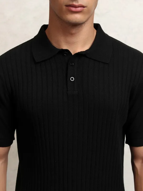 Highlander Men Black Self Design Polo Collar T-Shirt