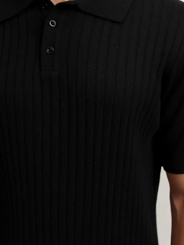 Highlander Men Black Self Design Polo Collar T-Shirt