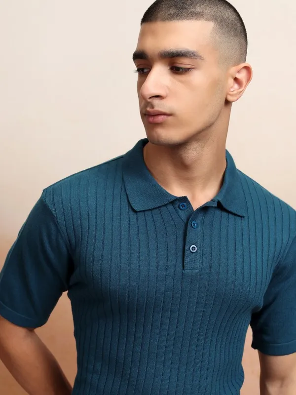 Highlander Men Navy Blue Self Design Polo Collar T-Shirt