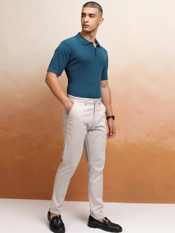 Highlander Men Navy Blue Self Design Polo Collar T-Shirt