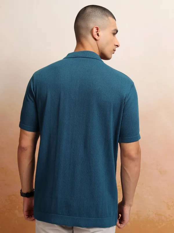 Highlander Men Navy Blue Self Design Polo Collar T-Shirt