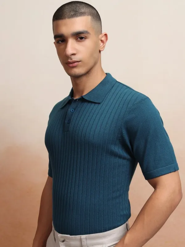 Highlander Men Navy Blue Self Design Polo Collar T-Shirt