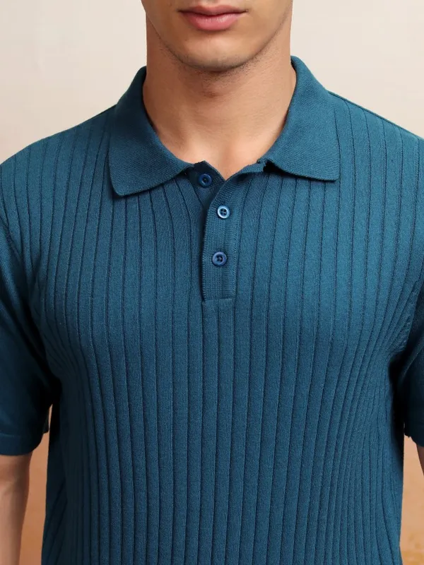 Highlander Men Navy Blue Self Design Polo Collar T-Shirt