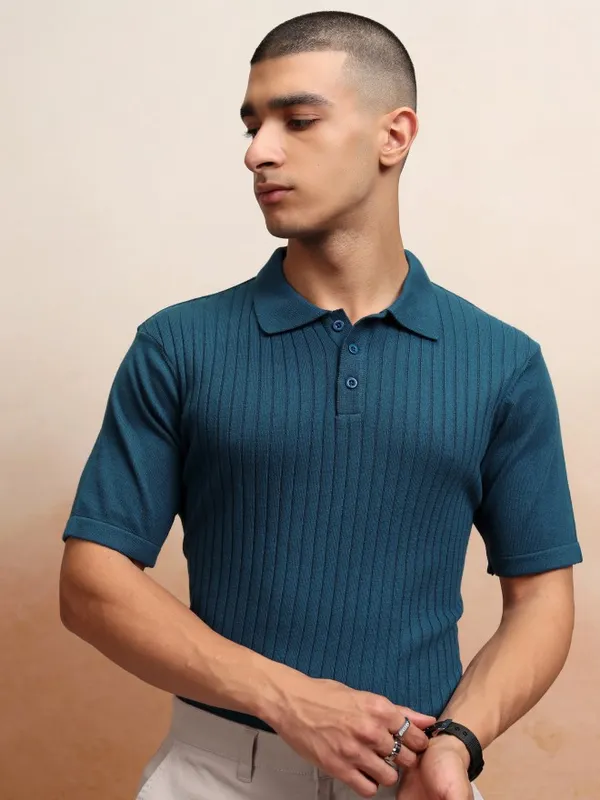 Highlander Men Navy Blue Self Design Polo Collar T-Shirt