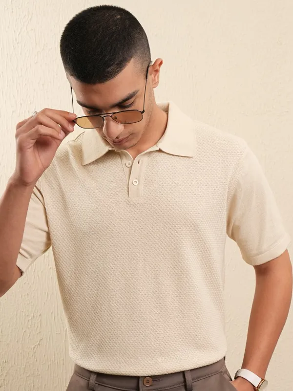 Highlander Men Off White Self Design Polo Collar T-Shirt