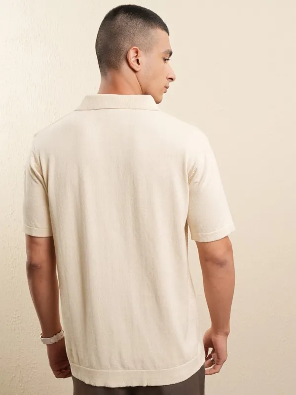Highlander Men Off White Self Design Polo Collar T-Shirt