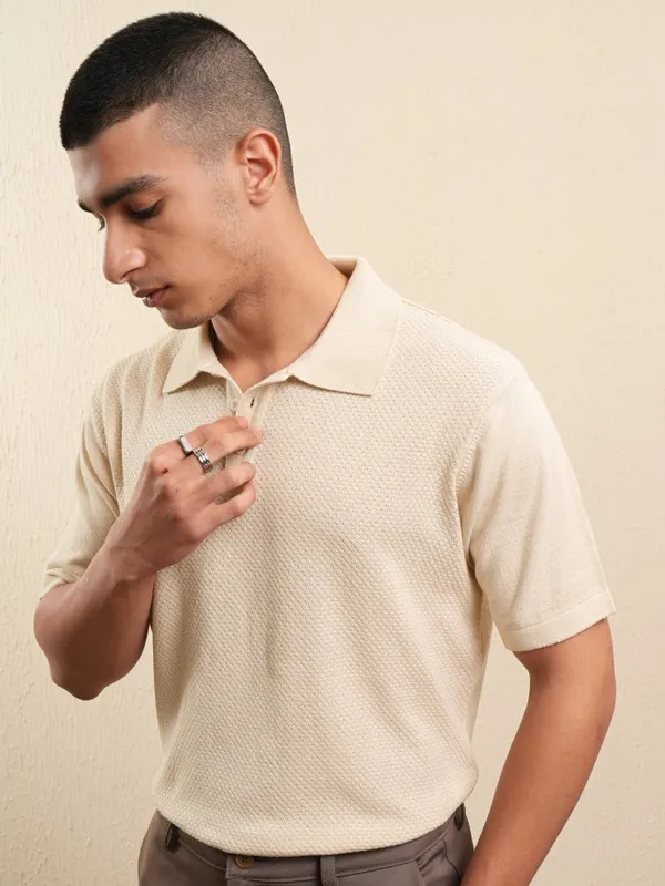 Highlander Men Off White Self Design Polo Collar T-Shirt
