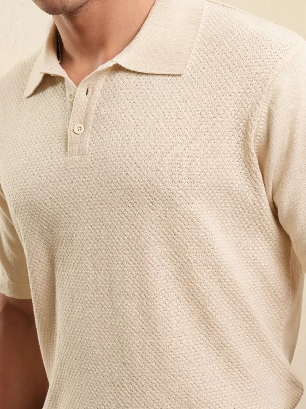 Highlander Men Off White Self Design Polo Collar T-Shirt
