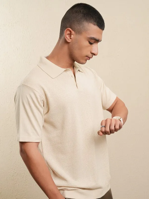 Highlander Men Off White Self Design Polo Collar T-Shirt