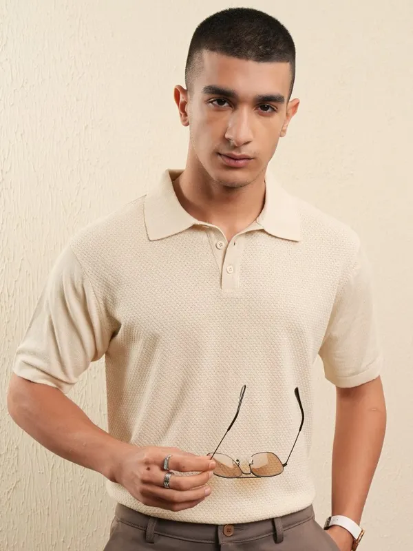 Highlander Men Off White Self Design Polo Collar T-Shirt
