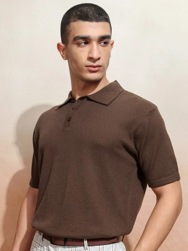 Highlander Men Brown Self Design Polo Collar T-Shirt