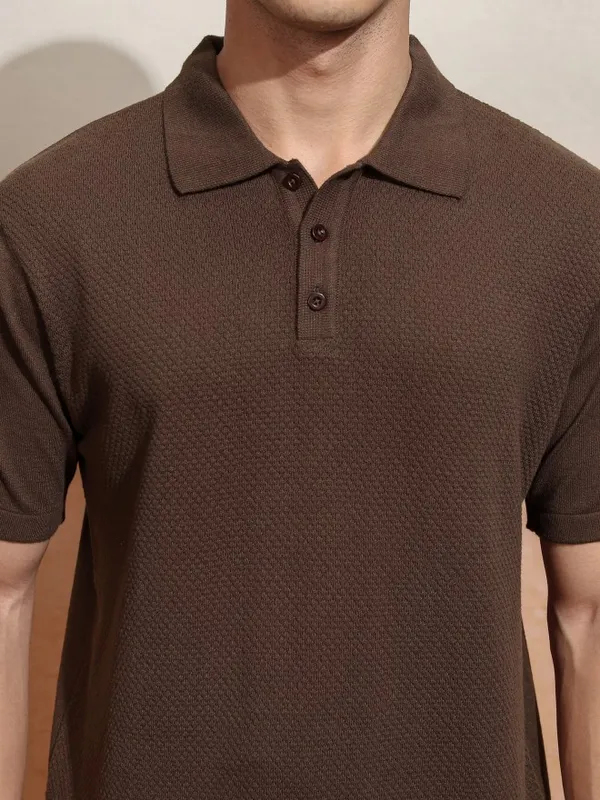 Highlander Men Brown Self Design Polo Collar T-Shirt