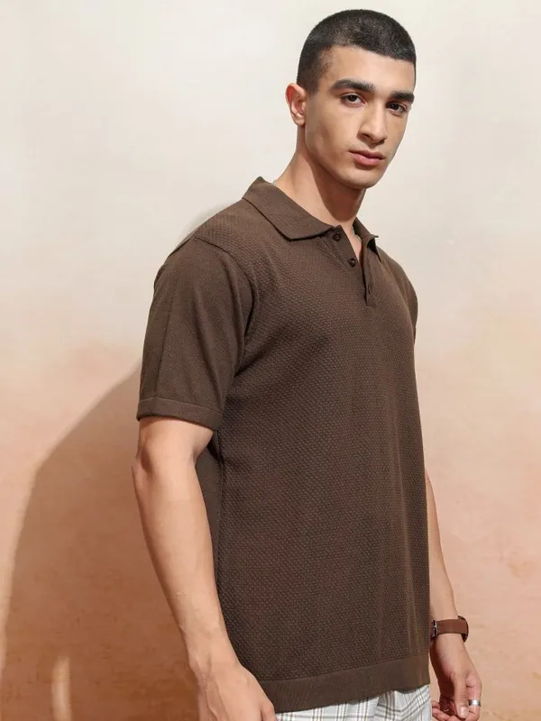 Highlander Men Brown Self Design Polo Collar T-Shirt