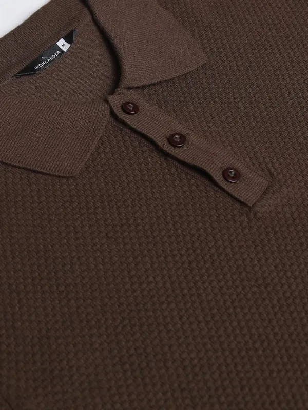 Highlander Men Brown Self Design Polo Collar T-Shirt