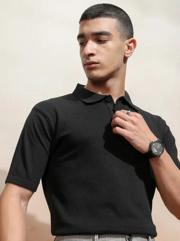 Highlander Men Black Self Design Polo Collar T-Shirt