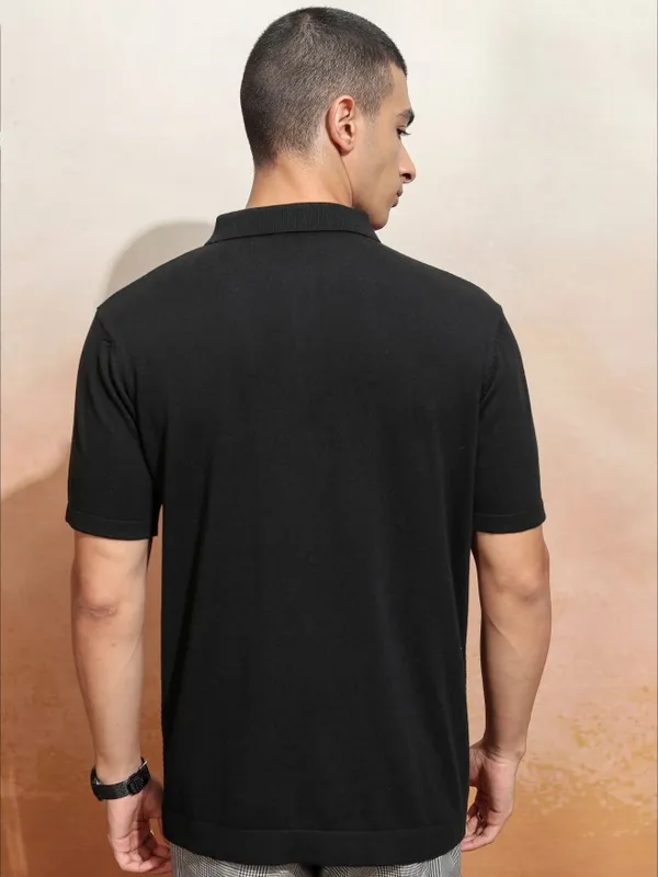 Highlander Men Black Self Design Polo Collar T-Shirt