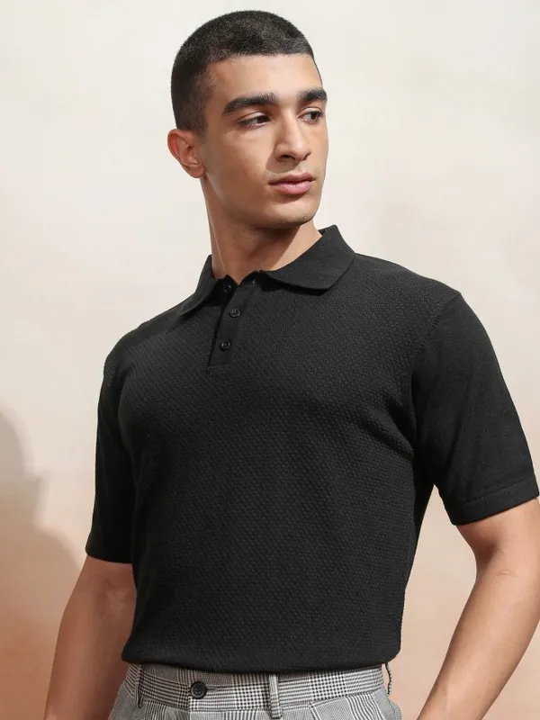 Highlander Men Black Self Design Polo Collar T-Shirt