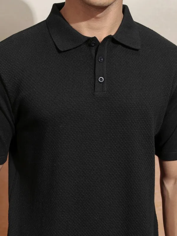 Highlander Men Black Self Design Polo Collar T-Shirt