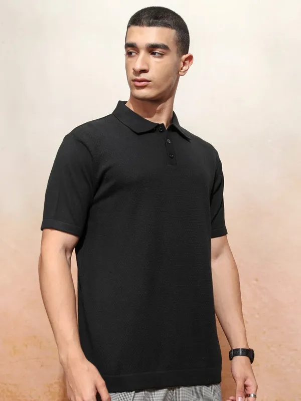 Highlander Men Black Self Design Polo Collar T-Shirt