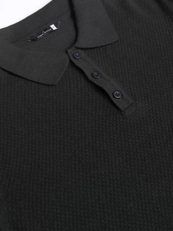 Highlander Men Black Self Design Polo Collar T-Shirt