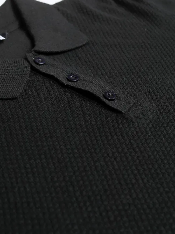 Highlander Men Black Self Design Polo Collar T-Shirt