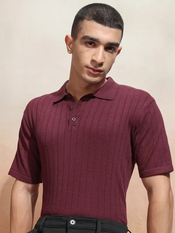 Highlander Men Burgundy Self Design Polo Collar T-Shirt
