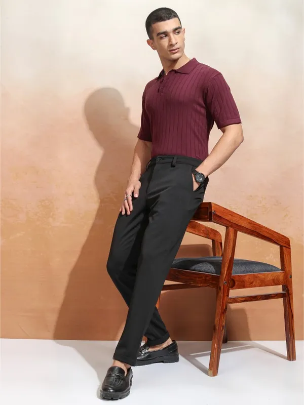 Highlander Men Burgundy Self Design Polo Collar T-Shirt