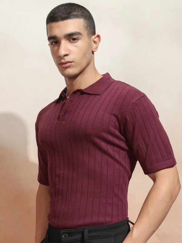Highlander Men Burgundy Self Design Polo Collar T-Shirt