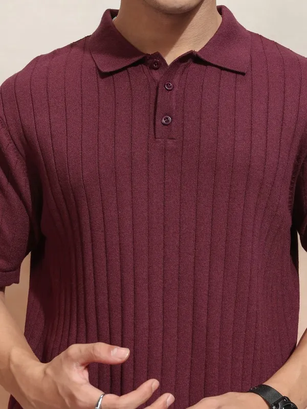 Highlander Men Burgundy Self Design Polo Collar T-Shirt