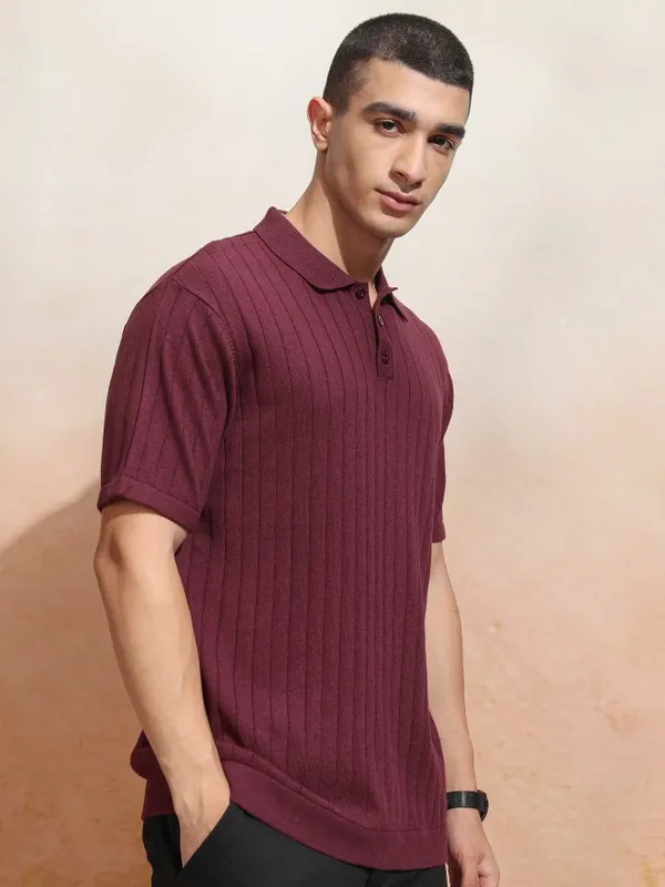 Highlander Men Burgundy Self Design Polo Collar T-Shirt