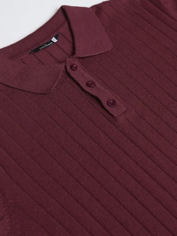 Highlander Men Burgundy Self Design Polo Collar T-Shirt