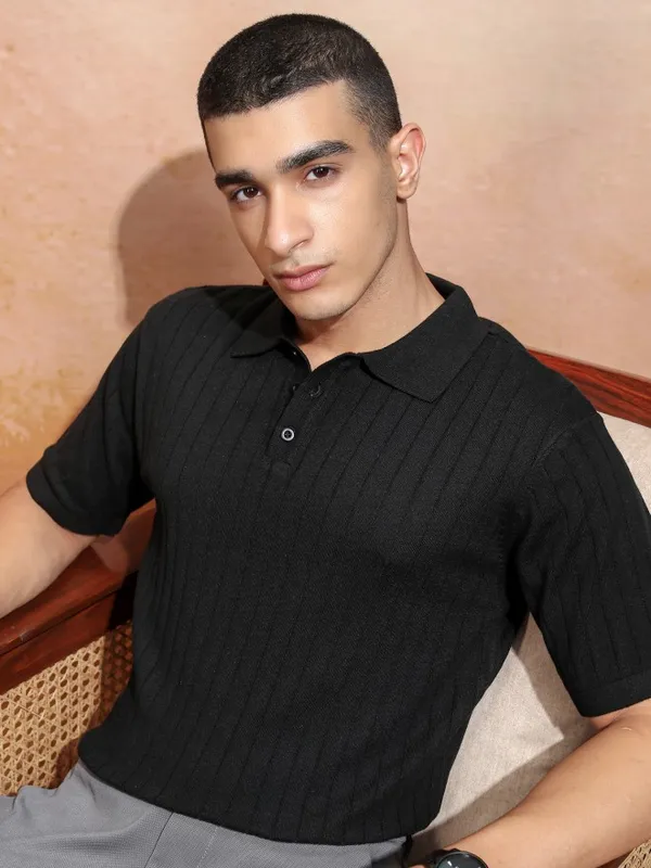 Highlander Men Black Self Design Polo Collar T-Shirt