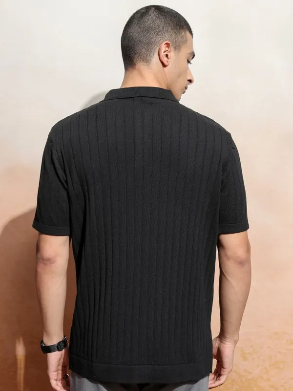 Highlander Men Black Self Design Polo Collar T-Shirt