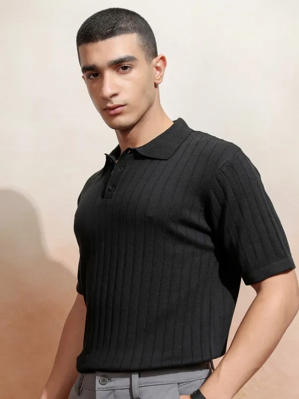 Highlander Men Black Self Design Polo Collar T-Shirt