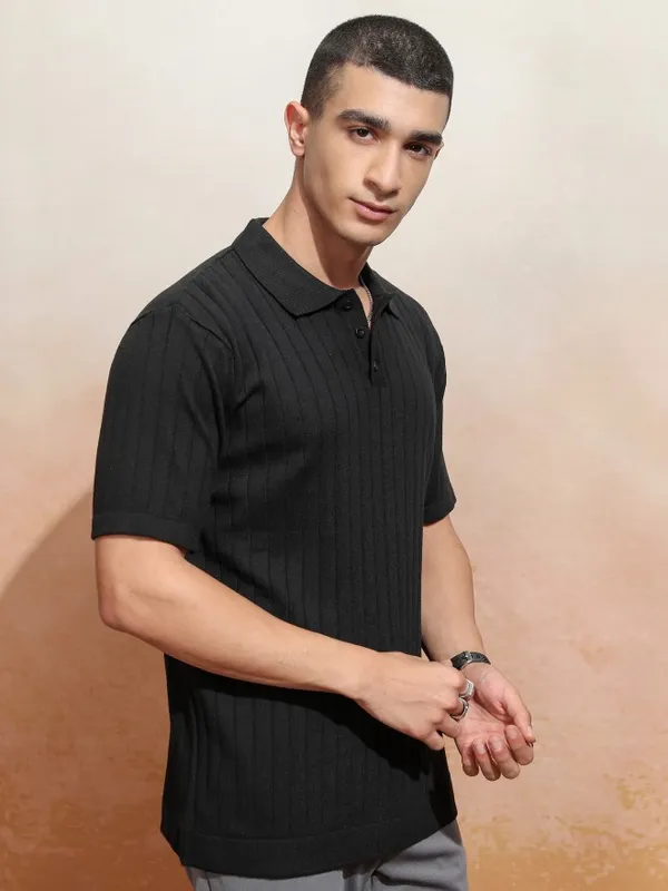 Highlander Men Black Self Design Polo Collar T-Shirt