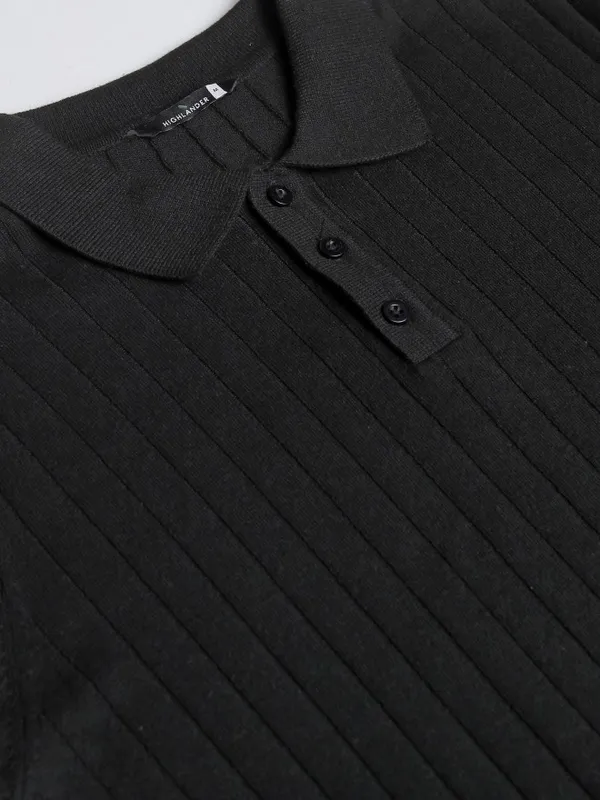 Highlander Men Black Self Design Polo Collar T-Shirt