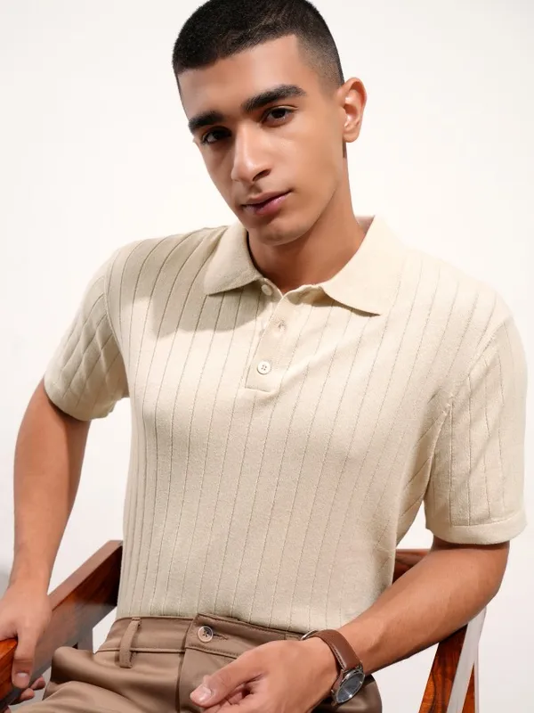 Highlander Men Beige Self Design Polo Collar T-Shirt