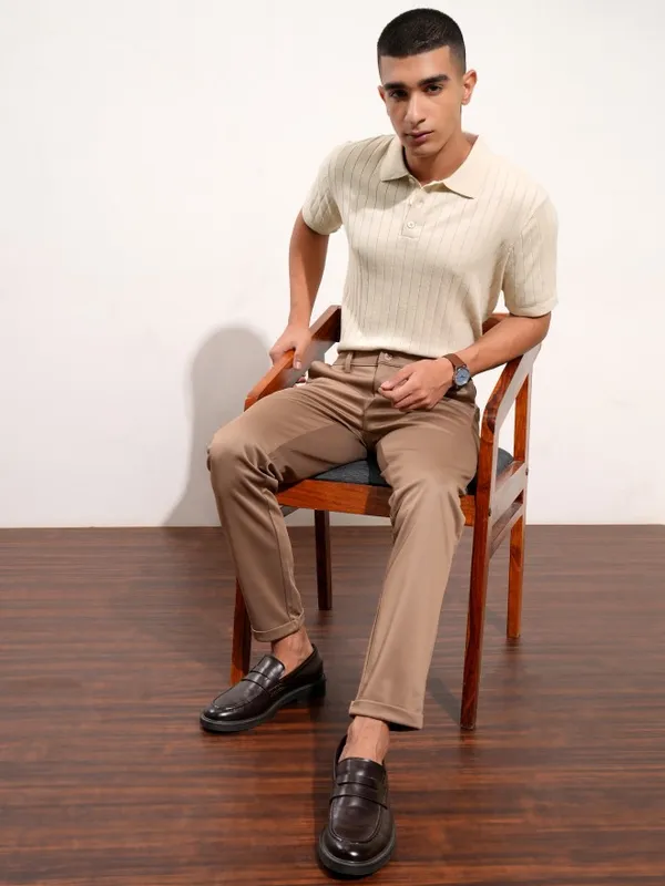 Highlander Men Beige Self Design Polo Collar T-Shirt