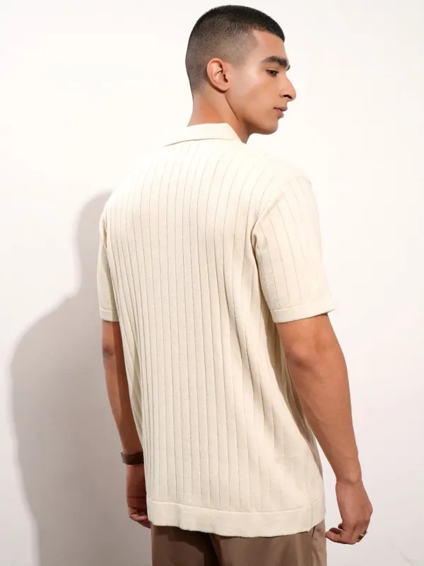 Highlander Men Beige Self Design Polo Collar T-Shirt